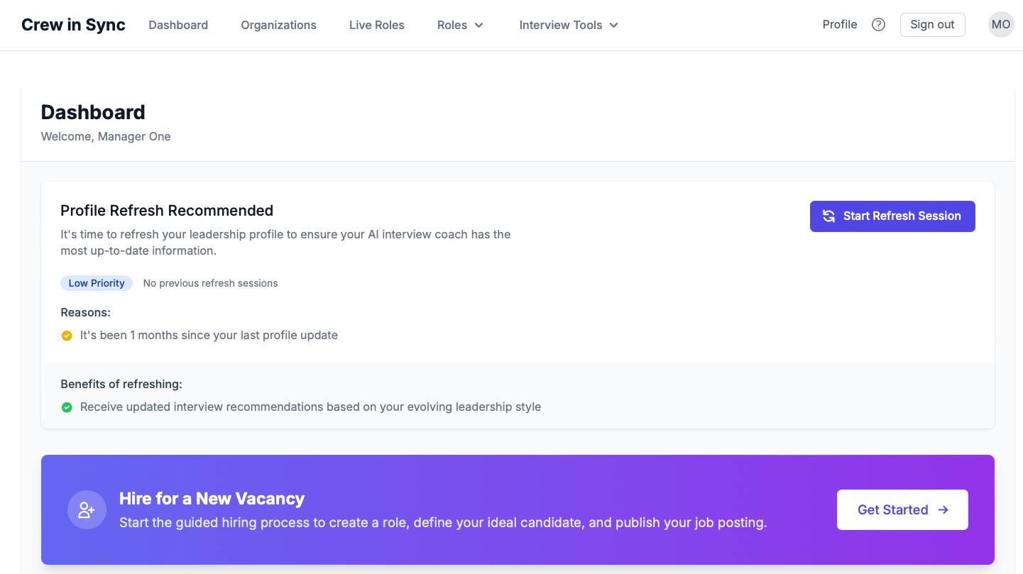 Dashboard showing the hire for a new vacancy process